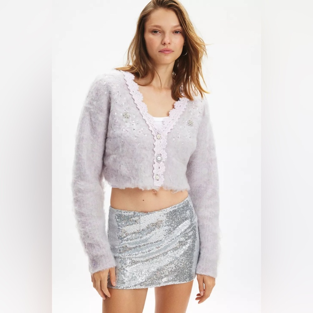 Urban Outfitters Kimchi Blue Madeline Embellished Lavender Crop XL Cardigan NWT